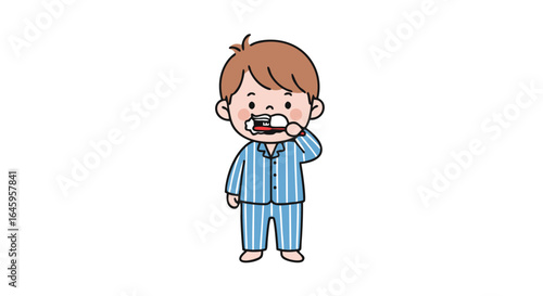 Adorable cartoon boy brushing teeth with toothpaste in striped pajamas, morning hygiene routine