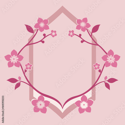Pink cherry blossoms frame with geometric design