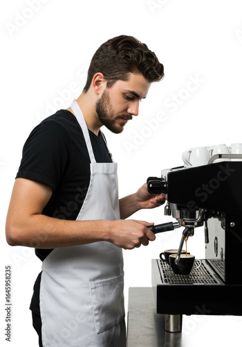 Barista crafting espresso trendy modern coffee shop beverage creation indoor setting perspective on artisanal coffee techniques. Cut out png