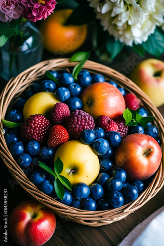 Top view photo of a basket of fruits on a wooden table