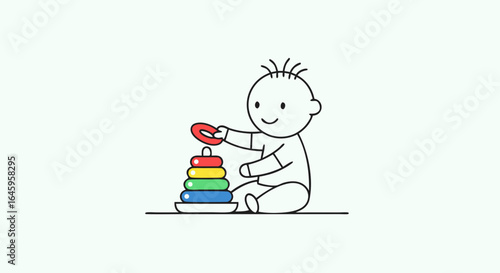 Joyful baby playing with colorful stacking rings, learning and developing motor skills