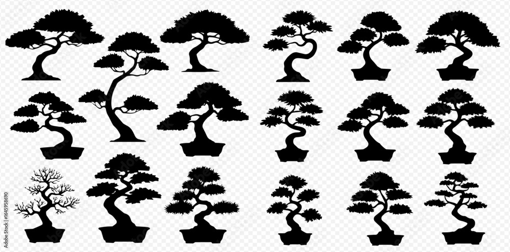 Naklejka premium A graphic collection of various black bonsai tree silhouettes, some in pots, illustrating different traditional Japanese styles.