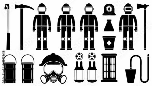 Illustration of firefighter equipment including axes suits helmets and breathing apparatus in black and white silhouette