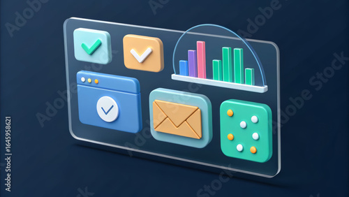 Modern digital interface showcasing various business and finance icons, including charts, graphs, email, and task completion indicators for data analysis