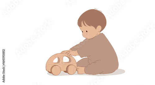Adorable child engrossed in playing with a simple wooden toy car, evoking innocence and childhood joy.