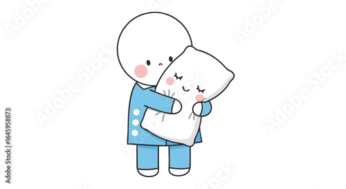 Adorable character in pajamas lovingly embraces a happy, smiling pillow with closed eyes