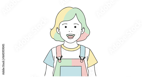 Joyful child with colorful hair and overalls, radiating happiness and youthful energy in a simple artistic style