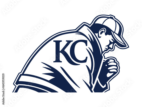 Profile of a man in a baseball cap, featuring the initials "KC" and decorative foliage.