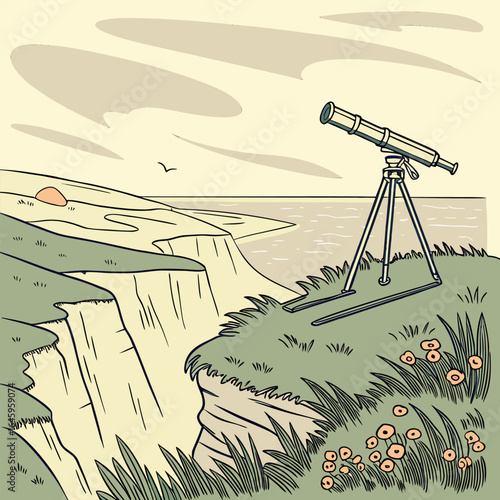 A telescope on a cliff overlooking the ocean with a sunset and bird in the sky on a cloudy day viewable