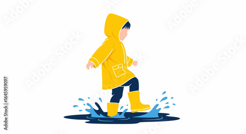 Joyful child in yellow raincoat stomping through puddles, splashing water with glee