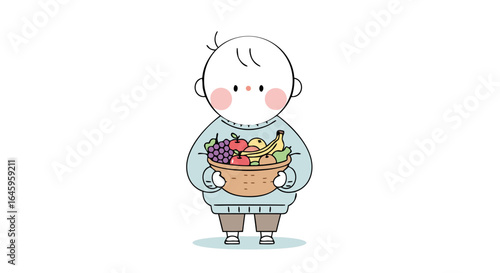 Adorable child holding a basket brimming with colorful fresh fruits, promoting healthy eating and childhood joy.
