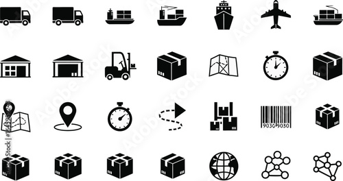 Illustration showing various black and white logistics and shipping related icons on a white background