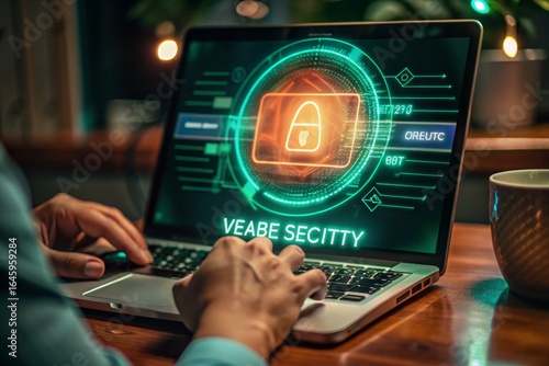 Encryption key management and secure document storage system. File data encryption and access control. Businessman using laptop computer