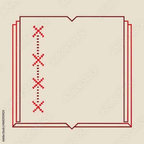 Open book with cross stitch detail on beige background
