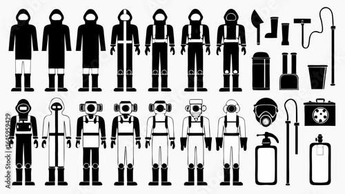 Illustration showing a variety of protective suits and equipment in black and white style design silhouette