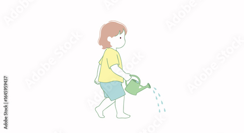 Adorable child happily watering plants with a green watering can, capturing childhood joy and nature connection.