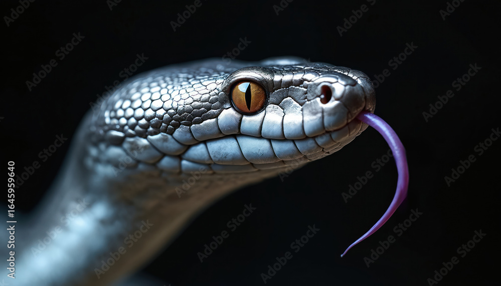 Obraz premium Metallic silver snake head raises, forked tongue flickers. Detailed scales, amber eye with black pupil. Dark moody background enhances reptile intense presence. Close-up texture detail.