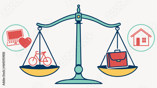 Illustration showing a balance scale with life and work items representing equilibrium of life balance