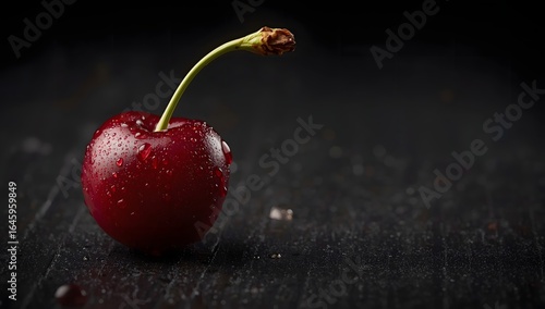 Close up of ripe cherry with water droplets on dark wood and directional lighting.