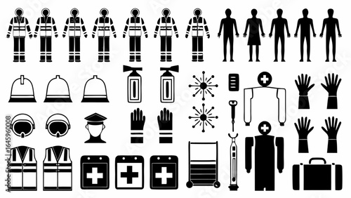 Illustration showing various emergency service personnel attire and equipment in black and white style design silhouette