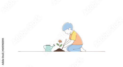 Young boy planting a flower, nurturing growth and cultivating a blossoming future