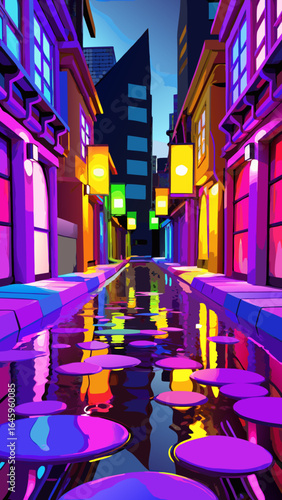 Here's one sentence describing the image:

An illuminated European city street at night, showcasing old urban architecture and the warm glow of winter lights