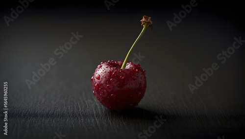 Close up of ripe cherry with water droplets on dark wood and directional lighting.
