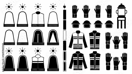 Illustration of firefighter equipment including helmets jackets gloves and a fire hydrant icon silhouette