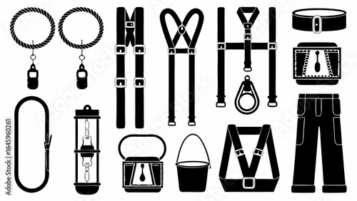 Illustration of various safety equipment including ropes, belts, and suspenders in black and white silhouette