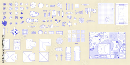 Garden top view. Vector illustration of isolated garden items and fishing rod on white background. Furniture, lighting, equipment, plants, stones, ponds, playground and other