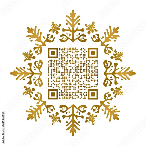 Gold QR code framed by ornate snowflake design