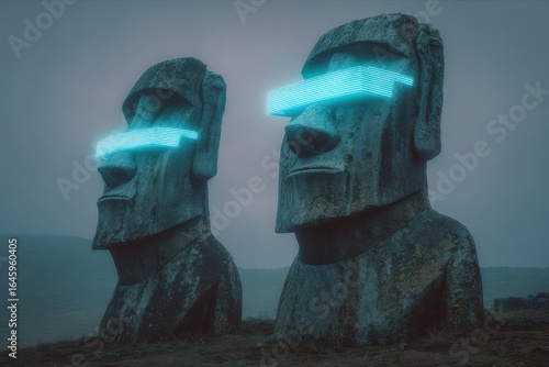 Futuristic Moai Statues with Glowing Eyes on Misty Easter Island