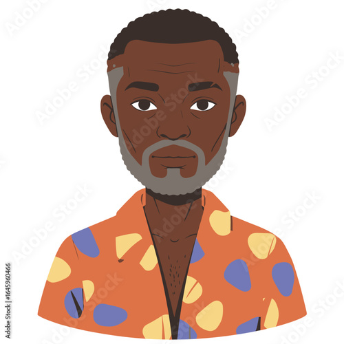 Illustrated portrait of a mature Black man with a grey beard and a colorful abstract patterned shirt.