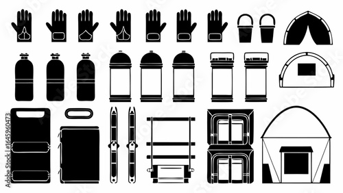 Illustration of camping equipment including gloves, water bottles, containers, skis, and tents in black and white silhouette