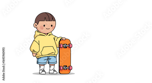 Young skater boy ready for fun with his skateboard in hand, enjoying summer vibes