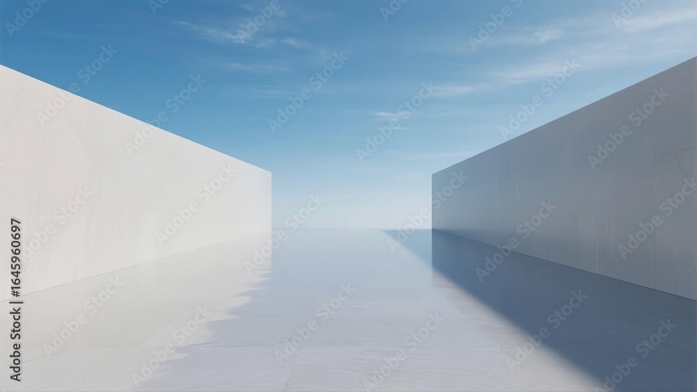 Fototapeta premium A minimalist architectural scene with two parallel white concrete walls and a reflective floor under a clear blue sky, emphasizing symmetry and geometric form.