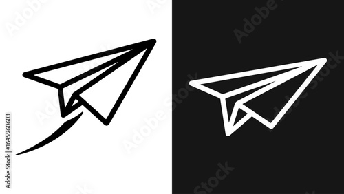 Paper airplane icon set, black on white and white on black, symbolizing travel, message, and communication in a minimalist vector illustration.