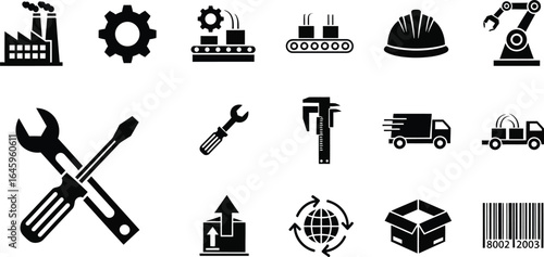 Collection of black and white manufacturing and industry icons in a vector graphic format for use