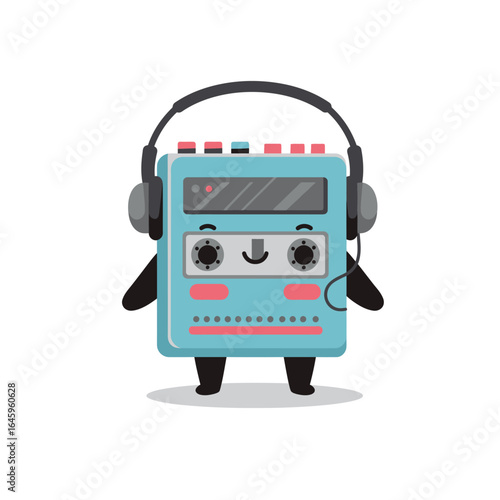 A cute cartoon cassette player character with a smiling face wearing black headphones.