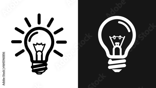 Light bulb icon symbol set, featuring illuminated and unlit versions, representing ideas, innovation, and creativity. Simple black and white vector illustration design.