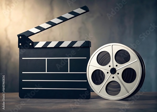 Film clapperboard and reel on a wooden surface, representing the movie industry, entertainment, video production, and the collaborative art of cinema