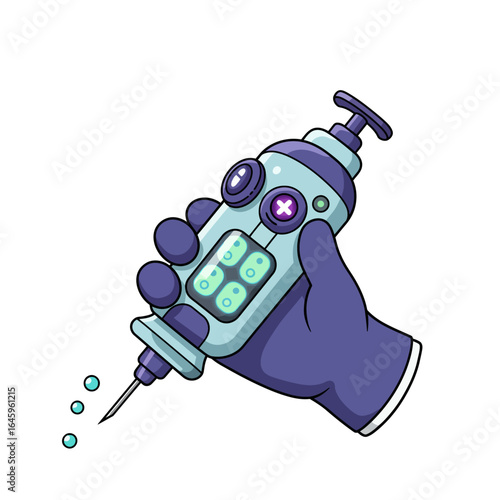 A hand in a glove holds a futuristic, stylized syringe.