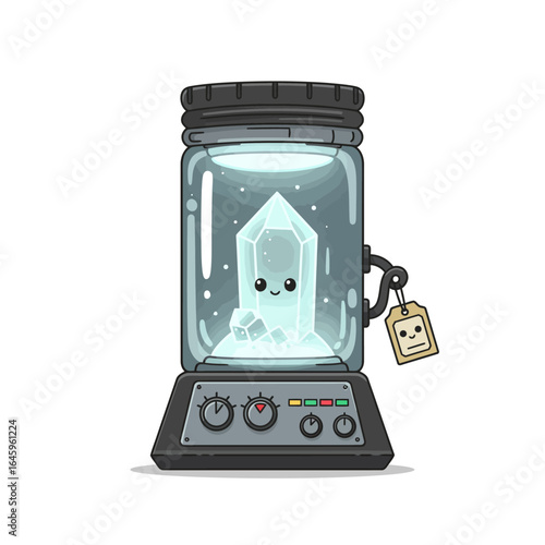 A cute cartoon crystal with a smiling face glows inside a scientific containment jar on a control panel.