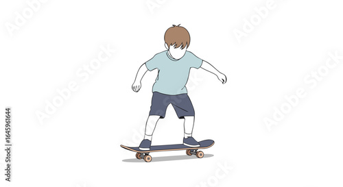 Young boy skateboarding with focus and balance, enjoying outdoor action and summer fun