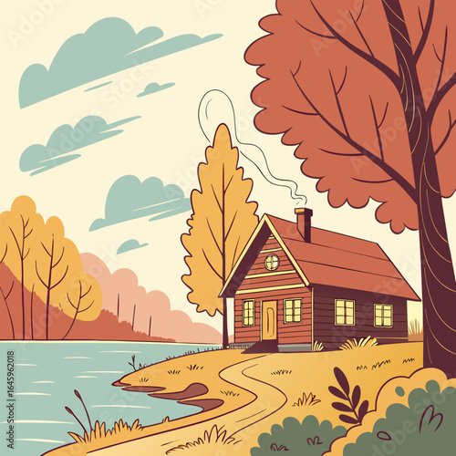 Illustration of a cozy cabin near a lake surrounded by trees in autumn colors under a cloudy sky