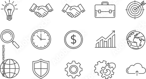 Outline icons depicting business concepts such as growth, ideas, and global connections on white