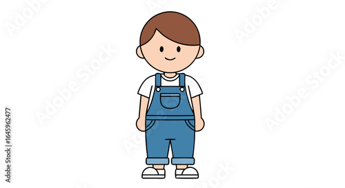 Charming cartoon boy in denim overalls smiling warmly, ready for adventure and fun times