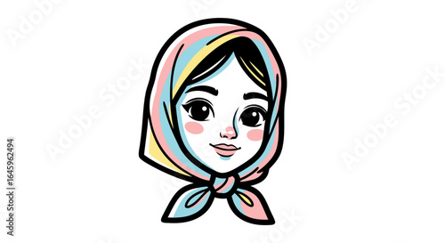 Smiling woman wearing a colorful headscarf illustration with sweet, gentle expression