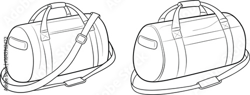 Modern duffel bags with detachable shoulder straps and handles, detailed line art drawing, travel, gym, sports accessory, luggage design.