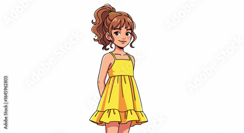 Cute girl in yellow dress, cartoon style character brings cheerful youthful energy to any creative project